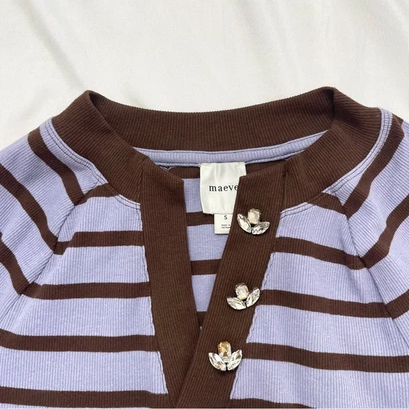 Anthropologie Maeve Half Sleeve Henley Ribbed Striped Jeweled Button Shirt Top - Picture 6 of 8